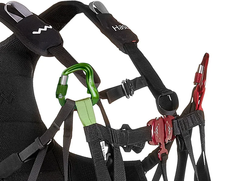 Right and left side identified by different color loops and caribiners