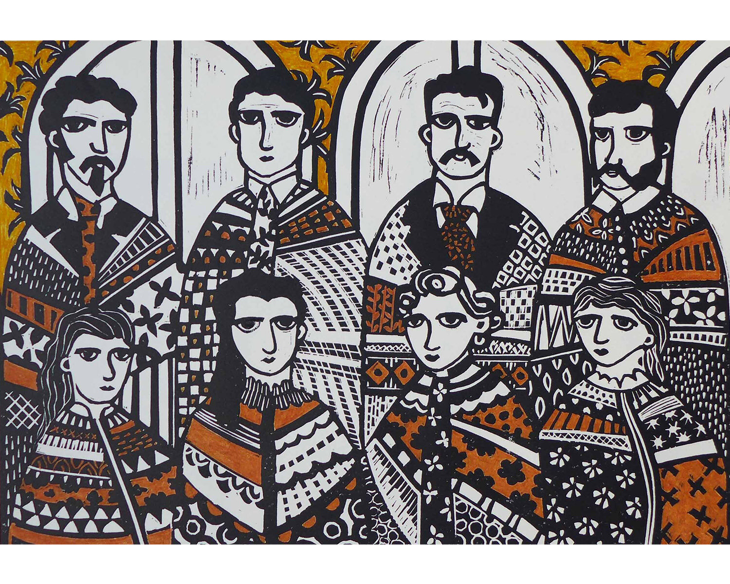 The Ancestors, Jules Harris, hand coloured linocut.jpg