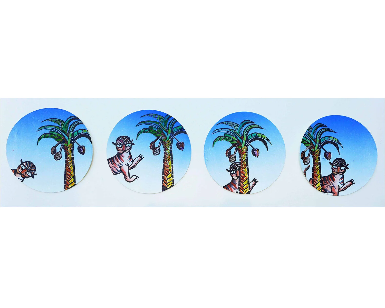 The escape of the Begali tiger, Rhonda Ellem, hand coloured linocut print.jpg