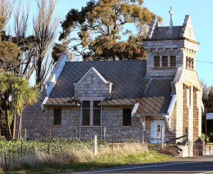  St Oswald’s Church was built in 1927 from locally-sourced stone by Charles and Jessie Murray, in memory of their son, and later gifted to the Anglican diocese. This photo was taken before the earthquake. 