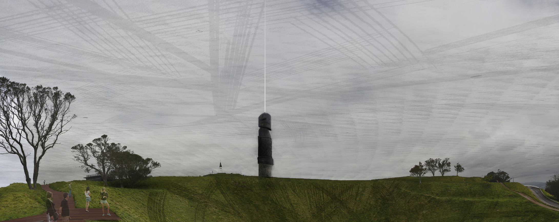 The pou on Maungawhau (Mt Eden) to be proportional to the obelisk on Maungakiekie (One Tree Hill) attempting to a bring balance to these maunga. 
