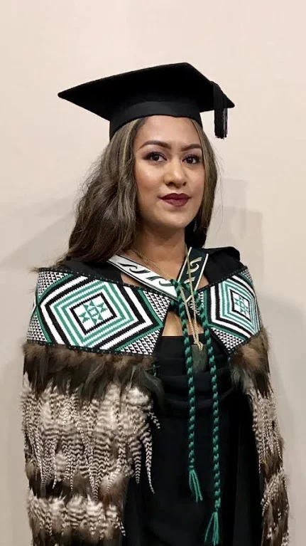 Jackie wore her grandfather's korowai, "Te Manawhakaora" at her recent graduation.