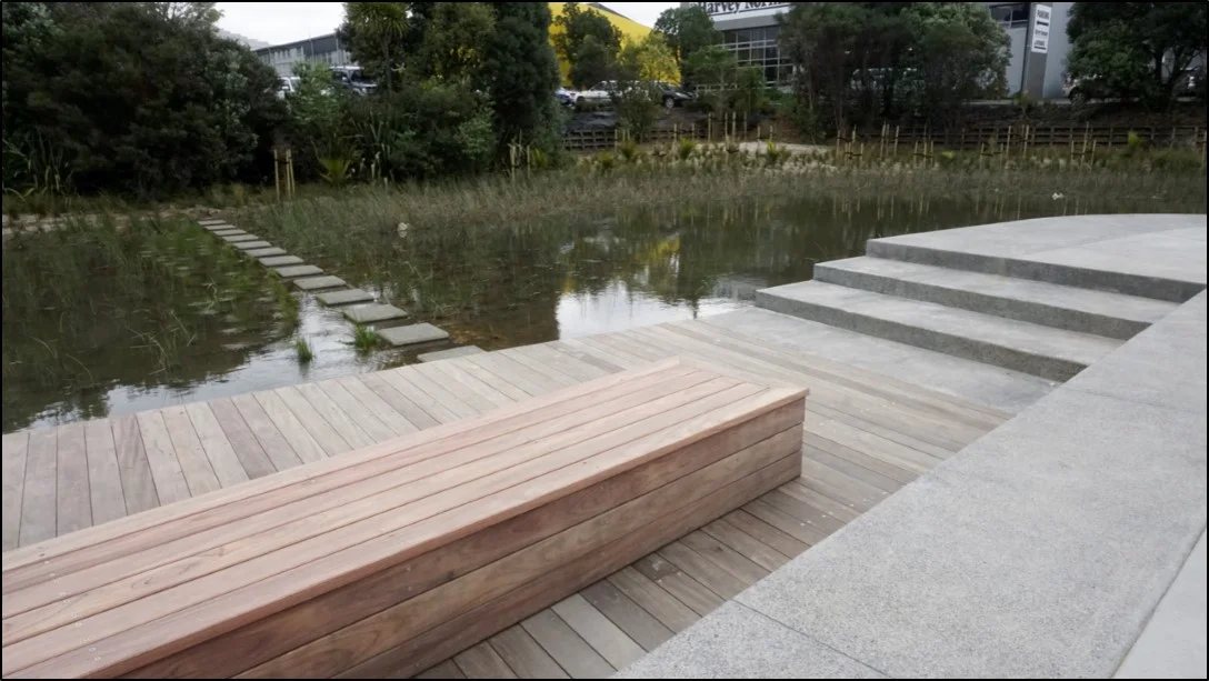 Honed stepping stone slabs can be used to cross a stormwater retention pond.