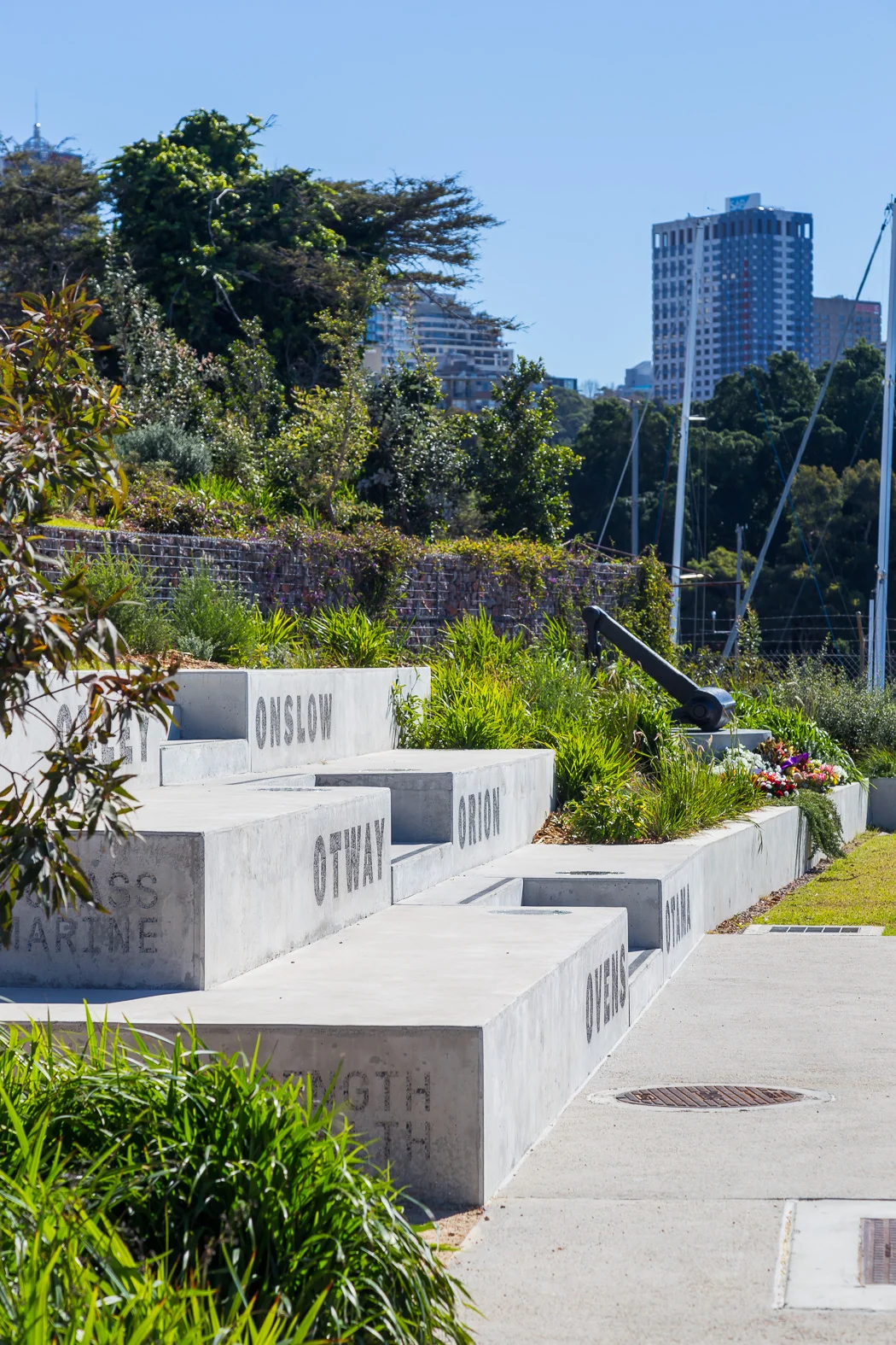 Urban&Public designed the subtle yet integrated marker and memorial to the submariners and six submarines which were based at the site. The site also once housed a torpedo manufacturing and maintenance factory. Photo credit: Urban&Public.