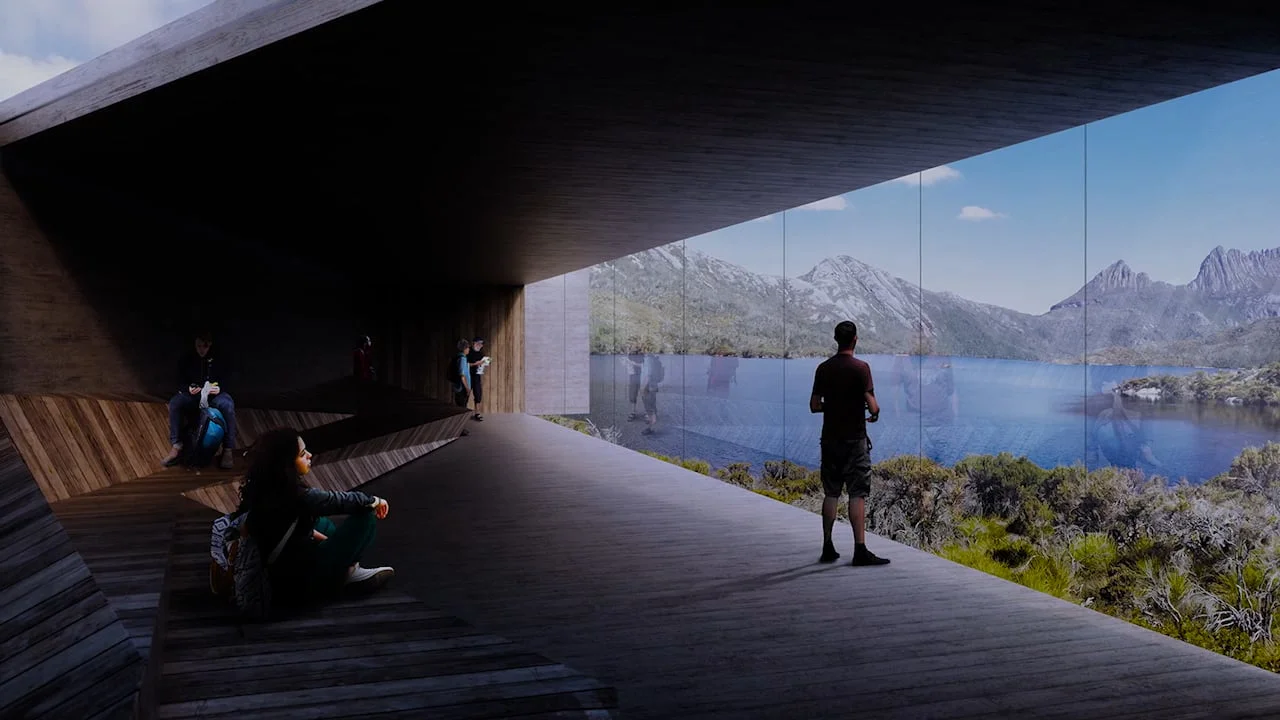 The new viewing shelter overlooking Dove Lake has been designed to be sensitive to the environment.