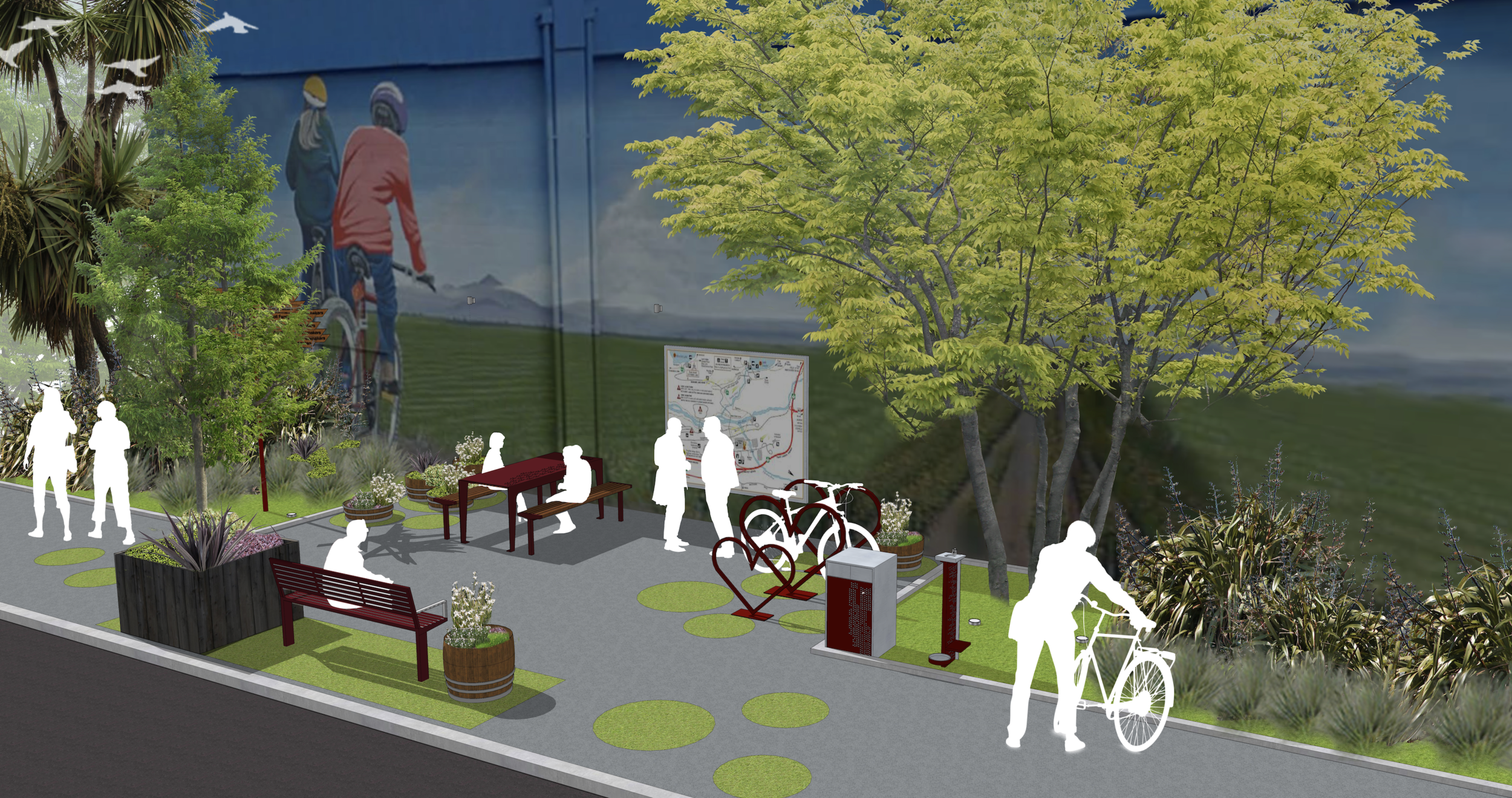 A concept drawing for Pause Park - which sets out to cater to walkers and cyclists making their way between wineries.