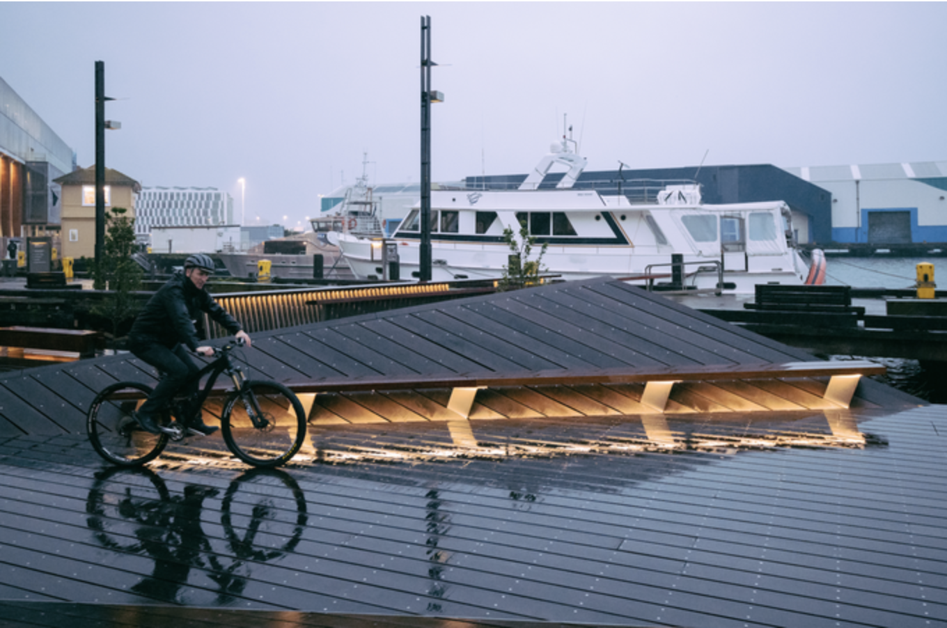 The folded timber deck ‘floats’ above the coastal edge.