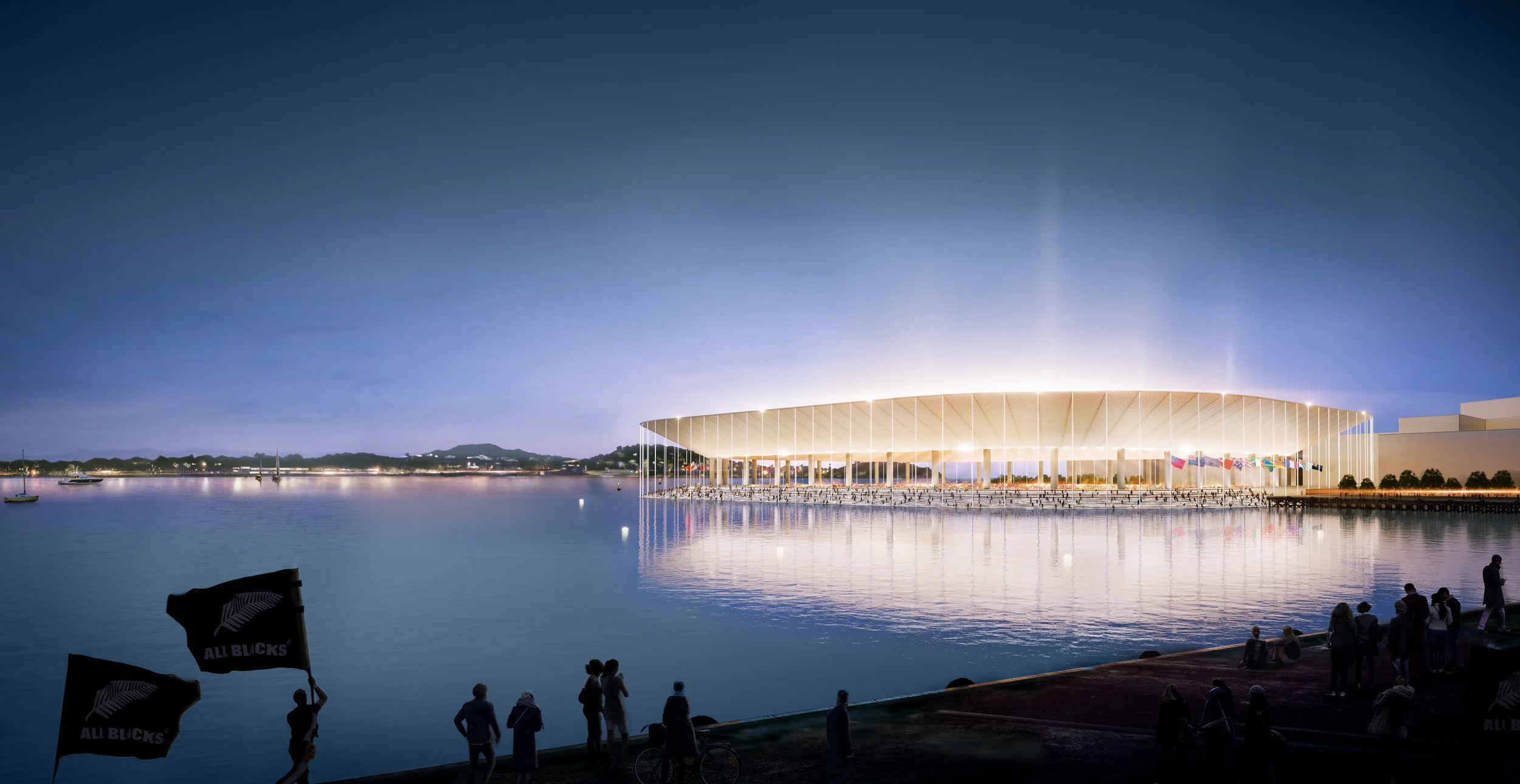 The ambitious proposal would see a 50,000-seat fully enclosed stadium built alongside a redeveloped Bledisloe Wharf.