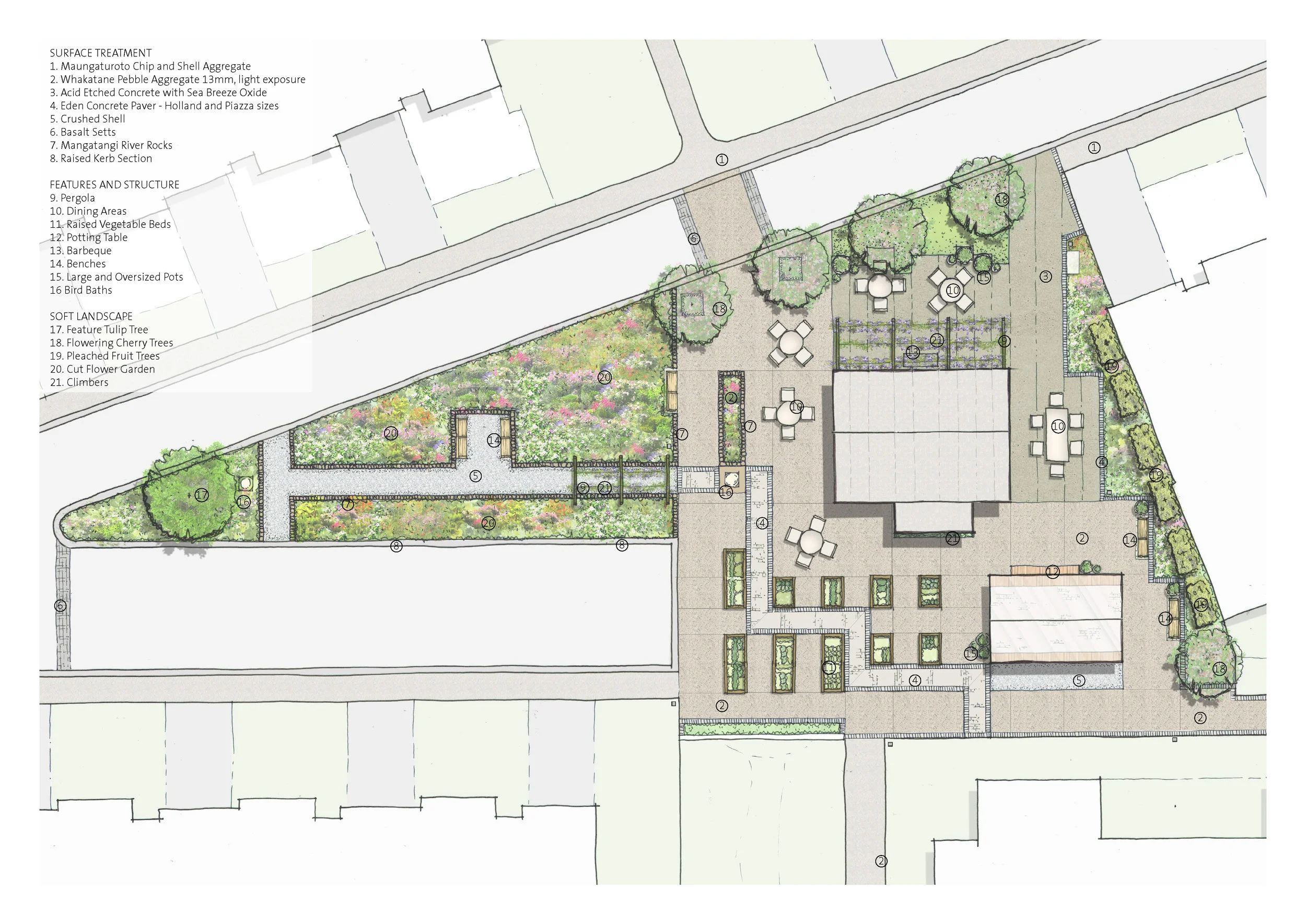 This social area with pergola, dining tables and barbeque is adjacent to a cutting garden and raised vegetable beds. A potting table and bird baths provide options for active and passive outdoor activities.