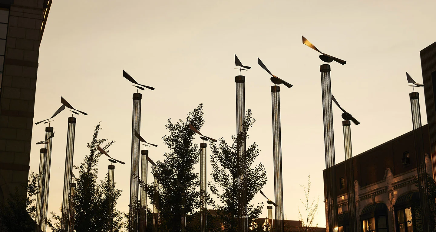 Wind vane light columns at the plaza. Image credit: Anton Grassl and Ted Cavanaugh