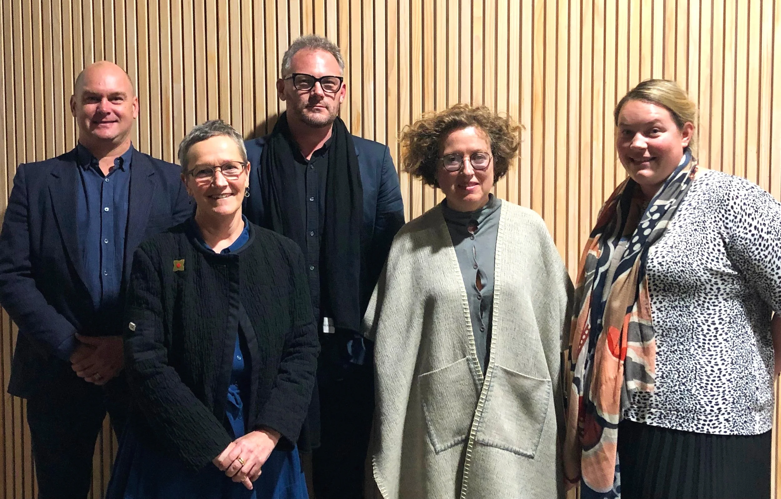 Catherine Mosbach with a team from the NZILA in Auckland last night. From left Brad Coombs, Rachel de Lambert, Henry Crothers, Catherine Mosbach, Julia Wick.