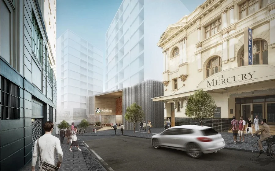 The Mercury Lane entrance is designed to evoke the branching arms of the vast spreading canopies of kauri trees, radiating from massive trunks. Image courtesy of www.cityraillink.co.nz