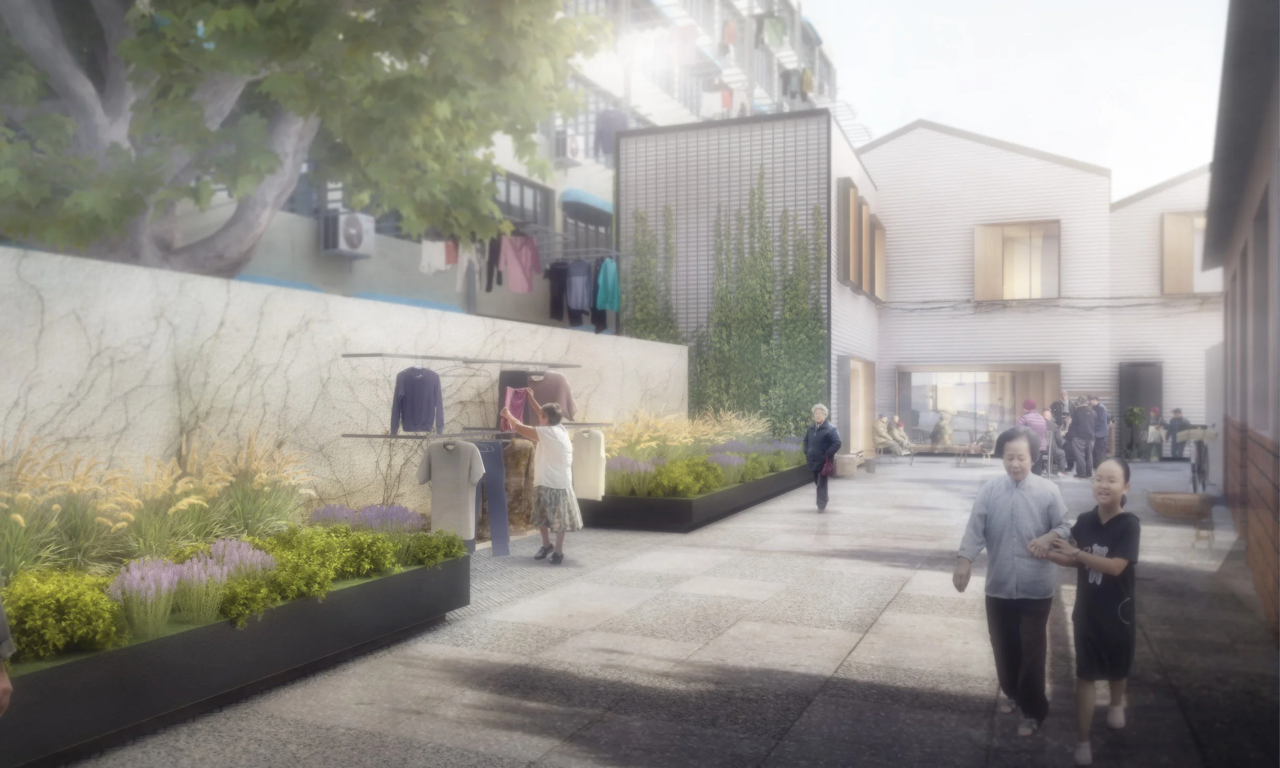 A refurbished community centre features new facade treatment, integrated green wall outdoor clothes lines and new community garden areas.