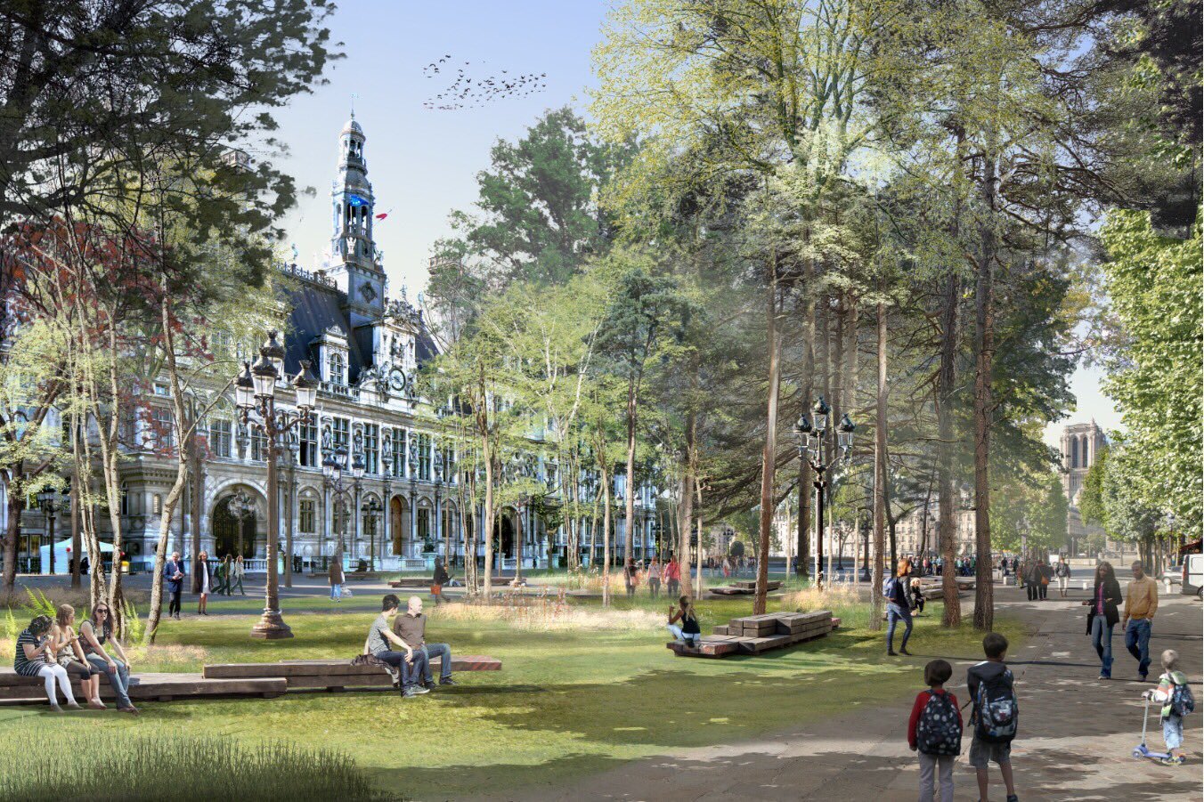 How the Place de l’Hôtel de Ville could look once its tree plantings have matured. Ville de Paris/Apur/Céline Orsingher