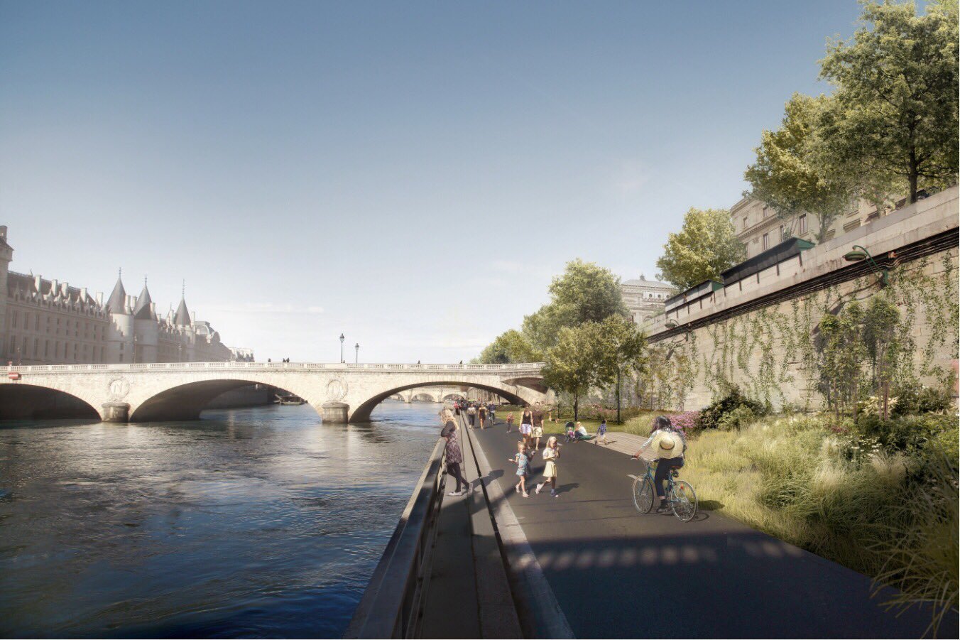 Grass, bushes, and shrubs will be planted on one lane of the pedestrianised Seine quays, leaving the way other open for emergency vehicles. Ville de Paris/Apur/Céline Orsingher
