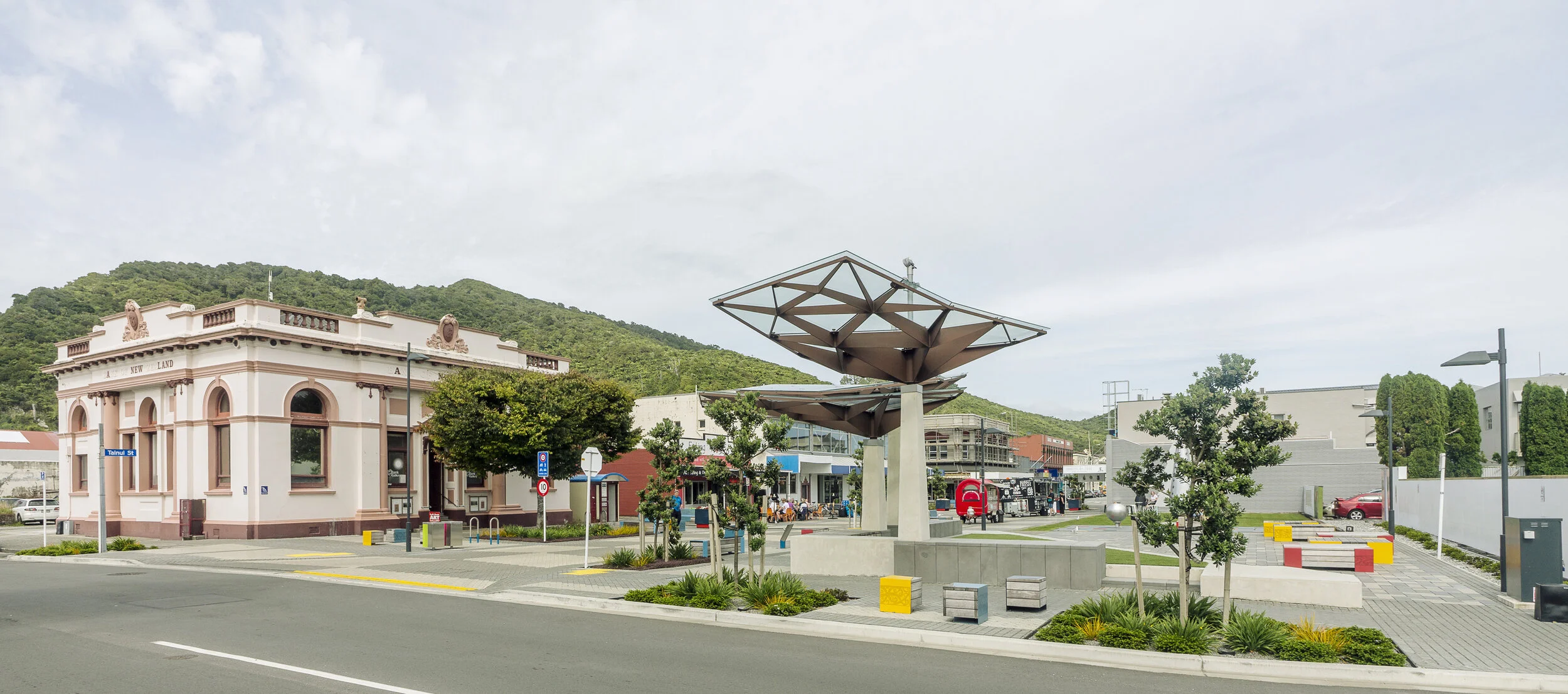 The sculptural Town Square shelters reference significant Ngāti Waewae sites within the wider Grey District. Image courtesy of Firth.