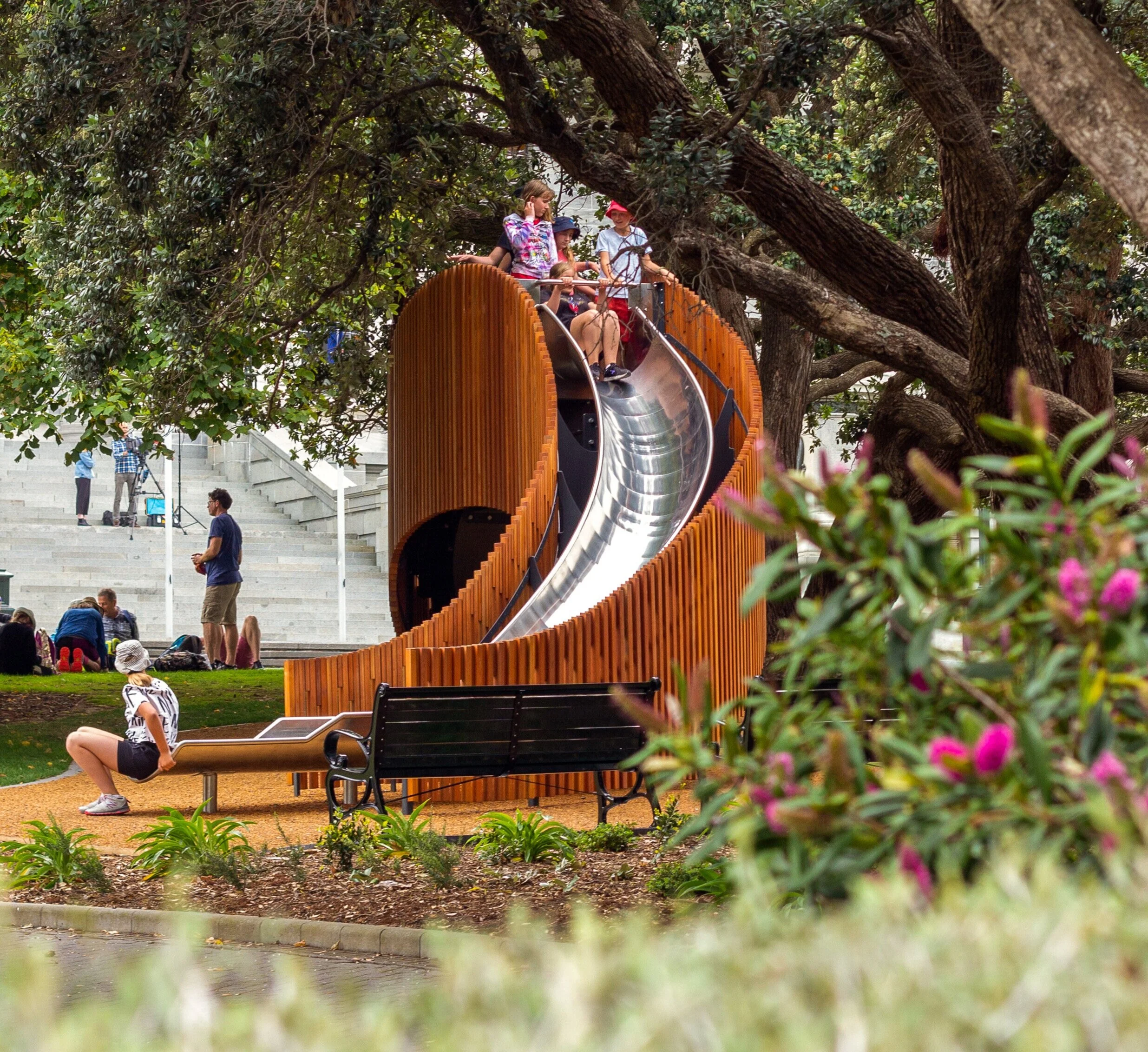 The slide was manufactured in Palmerston North and uses sustainable forest beech. Photo credit: Studio Pacific Architecture