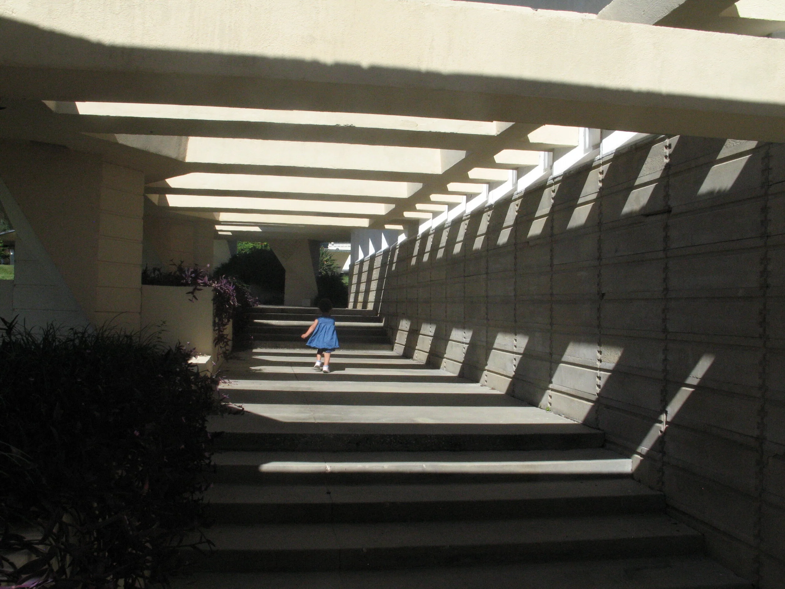 Light and shade creates dynamic patterns on the walkways.