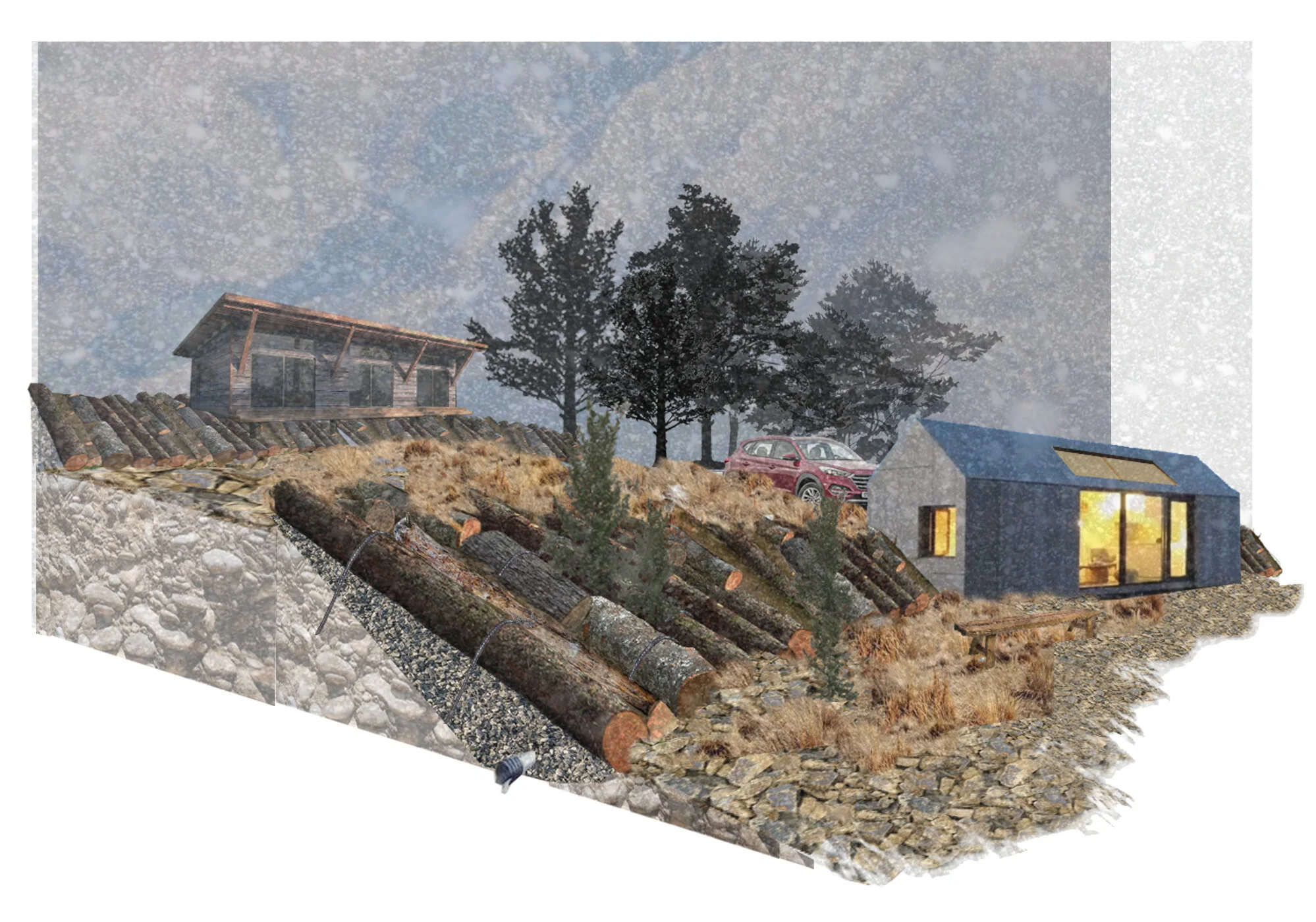 Thesis sketch: "Image illustrating part of my thesis design developed in collaboration with the Ohau community. The co-design response sought to draw in qualities of wilderness and establish a system of guardianship at the very heart of the community, the Lake Ohau Lodge, while enhancing the sublime experience of the site. A leasehold scheme was proposed around the lodge as part of the design strategy, where tenants could lease a small portion of land large enough for a building platform, increasing community stakeholders and diversifying income generation to fund environmental management. Tenants would participate in the excavation and construction of cabins. Felled exotic pines, sand and mudstone excavated from the site would become the ground surface until it is overtaken by native vegetation.