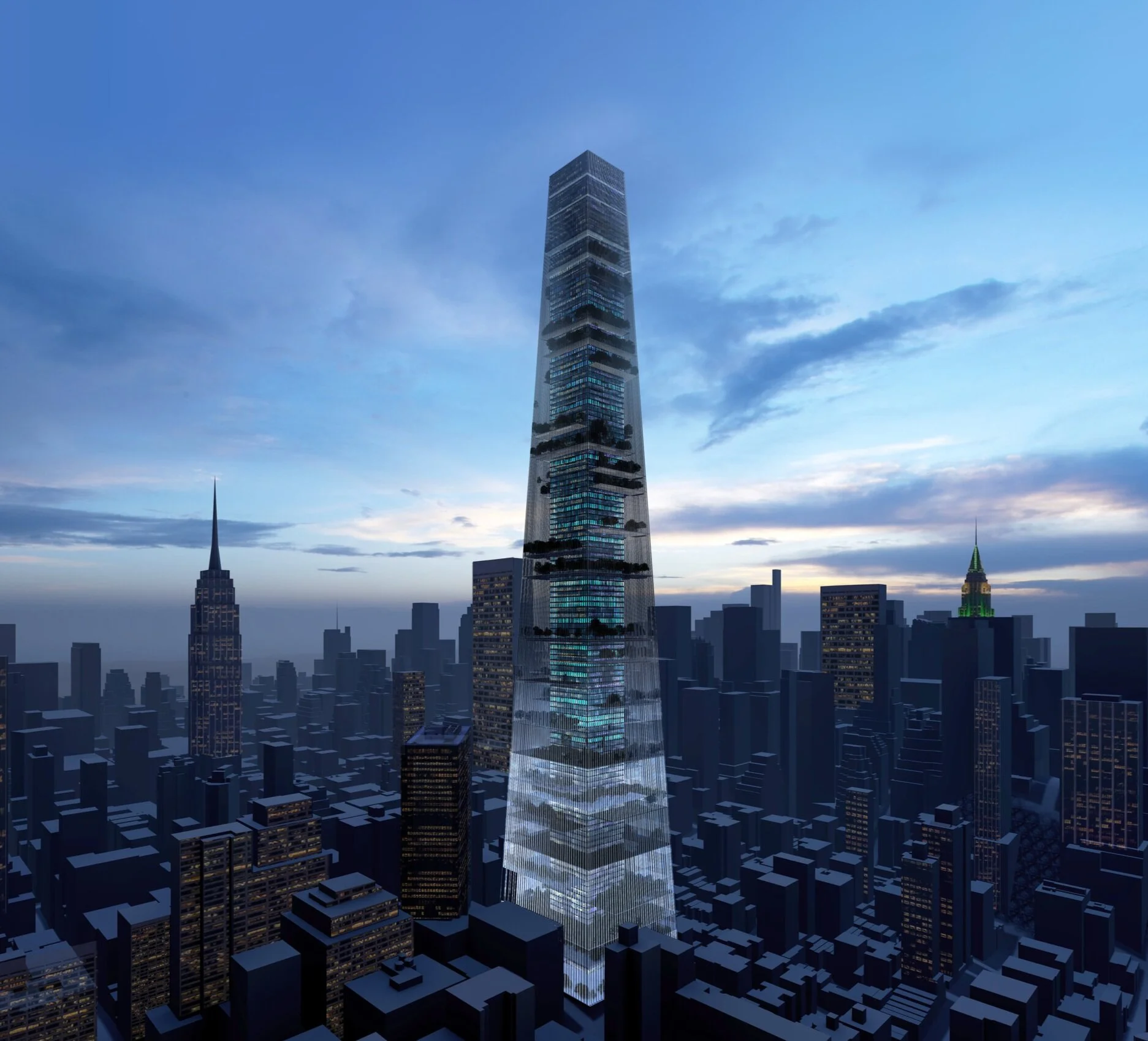 Skylines’ tapered shape is formed by external steel cables that hold hanging garden platforms.