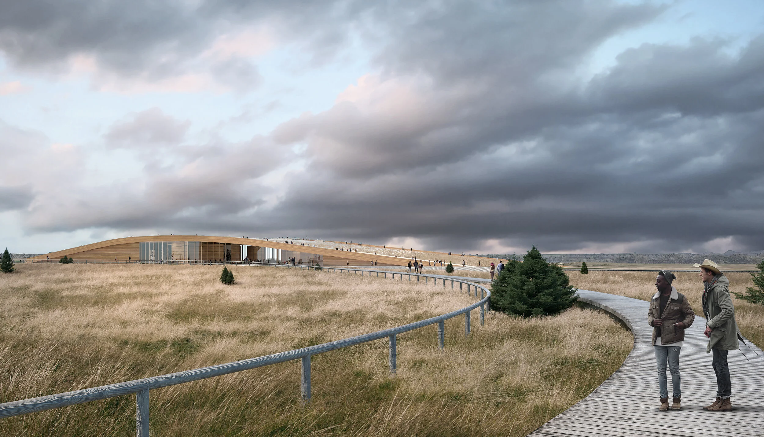 Snøhetta’s project extends beyond the site, with connections to Little Missouri River, former military camp Cantonment, and the original train depot where Roosevelt first arrived in Medora.