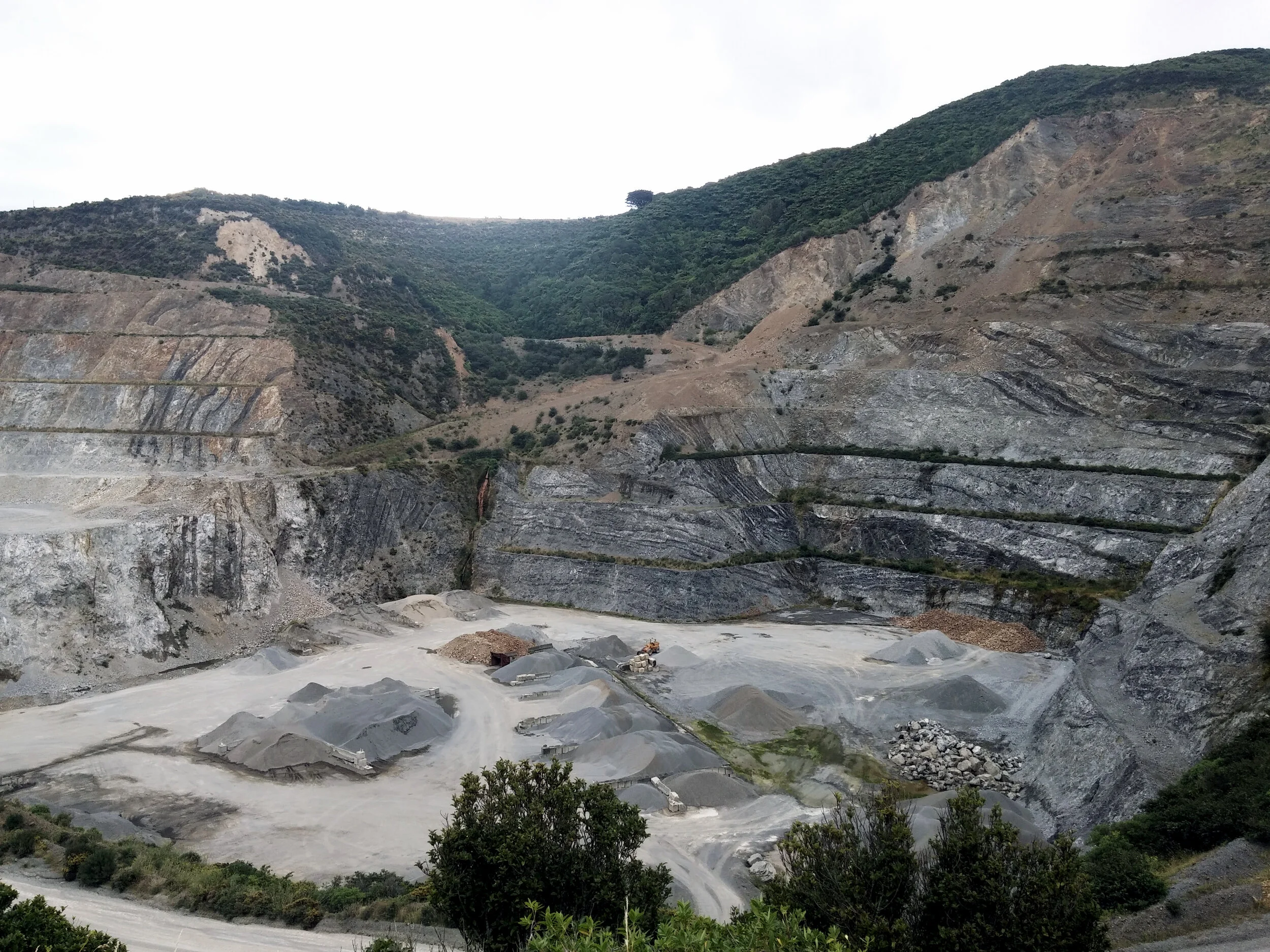 The lower half of the Horokiwi quarry showing the extent of extraction. The original topography has been altered since the 1930s, accelerating in the 2000s. (Image credit: Shaun Rosier)