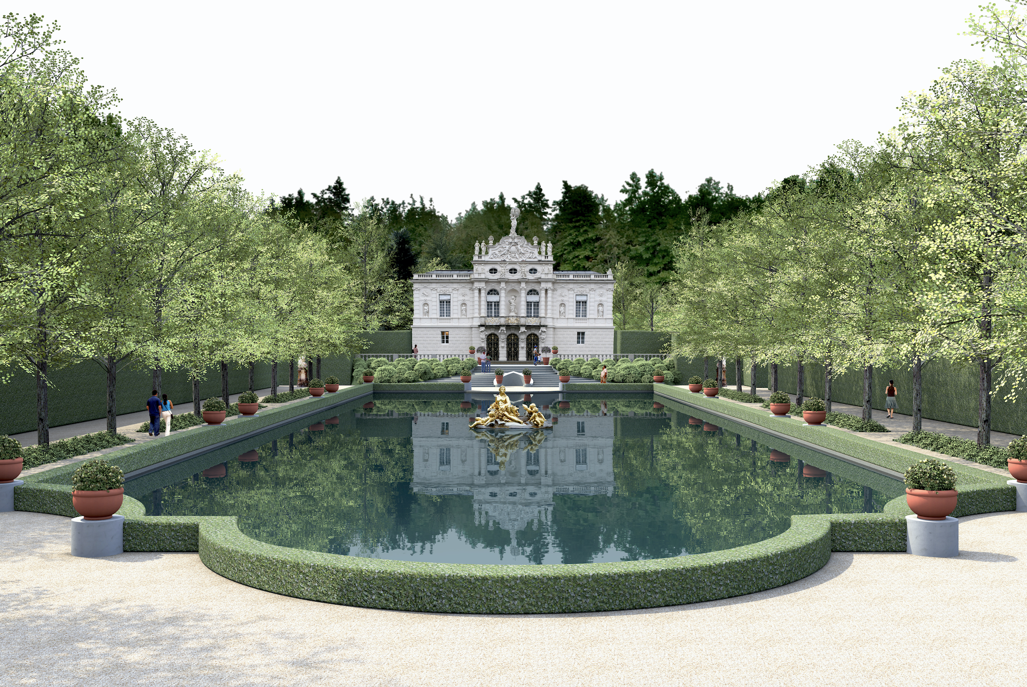 A render of the Baroque gardens, which have yet to be built.