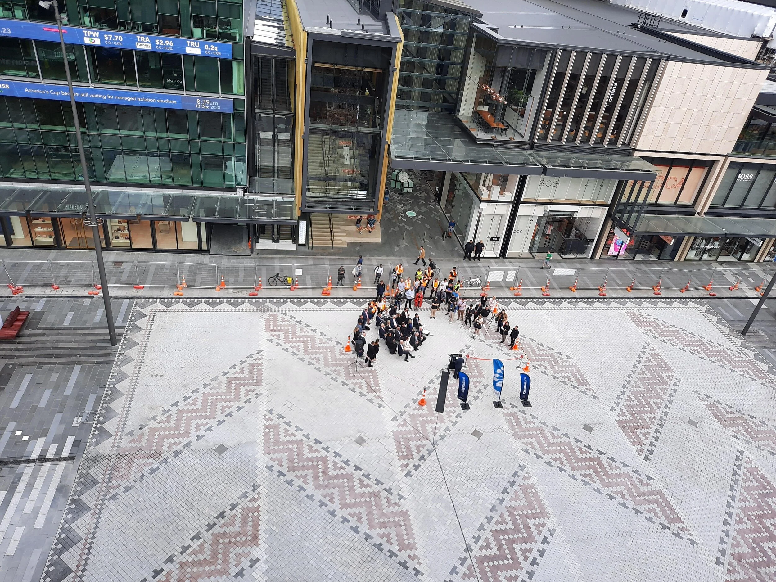 The square includes over 137,000 individual pieces of basalt pavers laid to incorporate mana whenua narratives including a whāriki or welcome mat designed by Mana Whenua weavers.