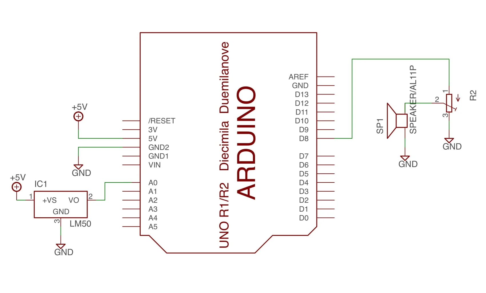 Schematic for simple circuit. Note that the temperature sensor used was a TMP36, not an LM50, but that was all that I could find that was remotely similar to the TMP36 in the Eagle library.