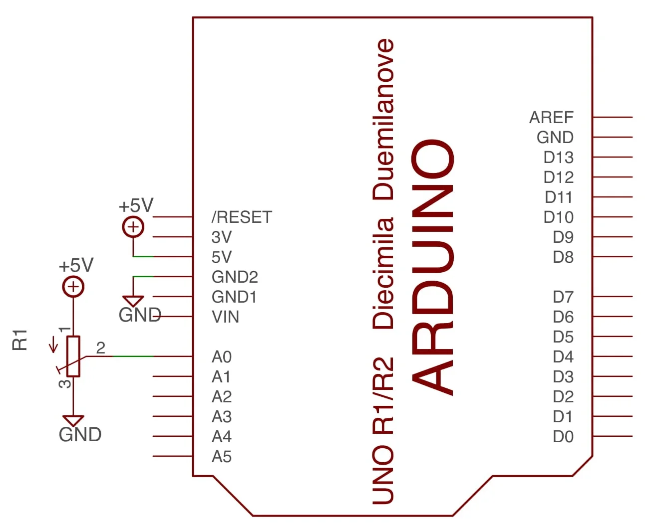 Schematic for simple circuit using a potentiometer to control a p5.js sketch.
