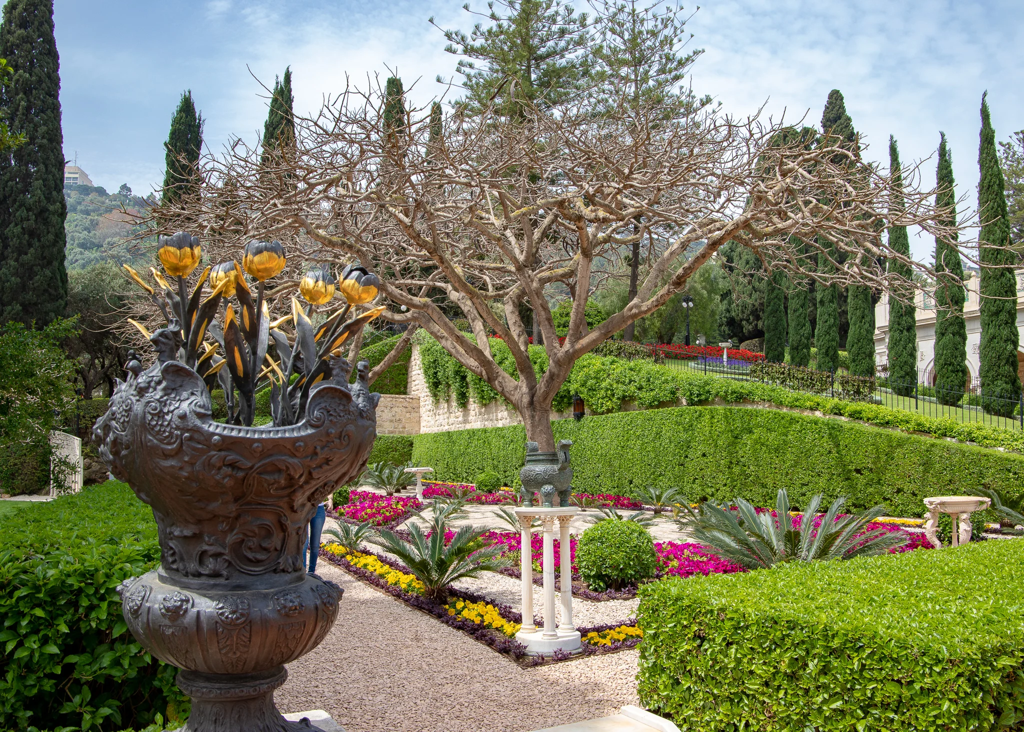 Sculptures and flowers vying for attention