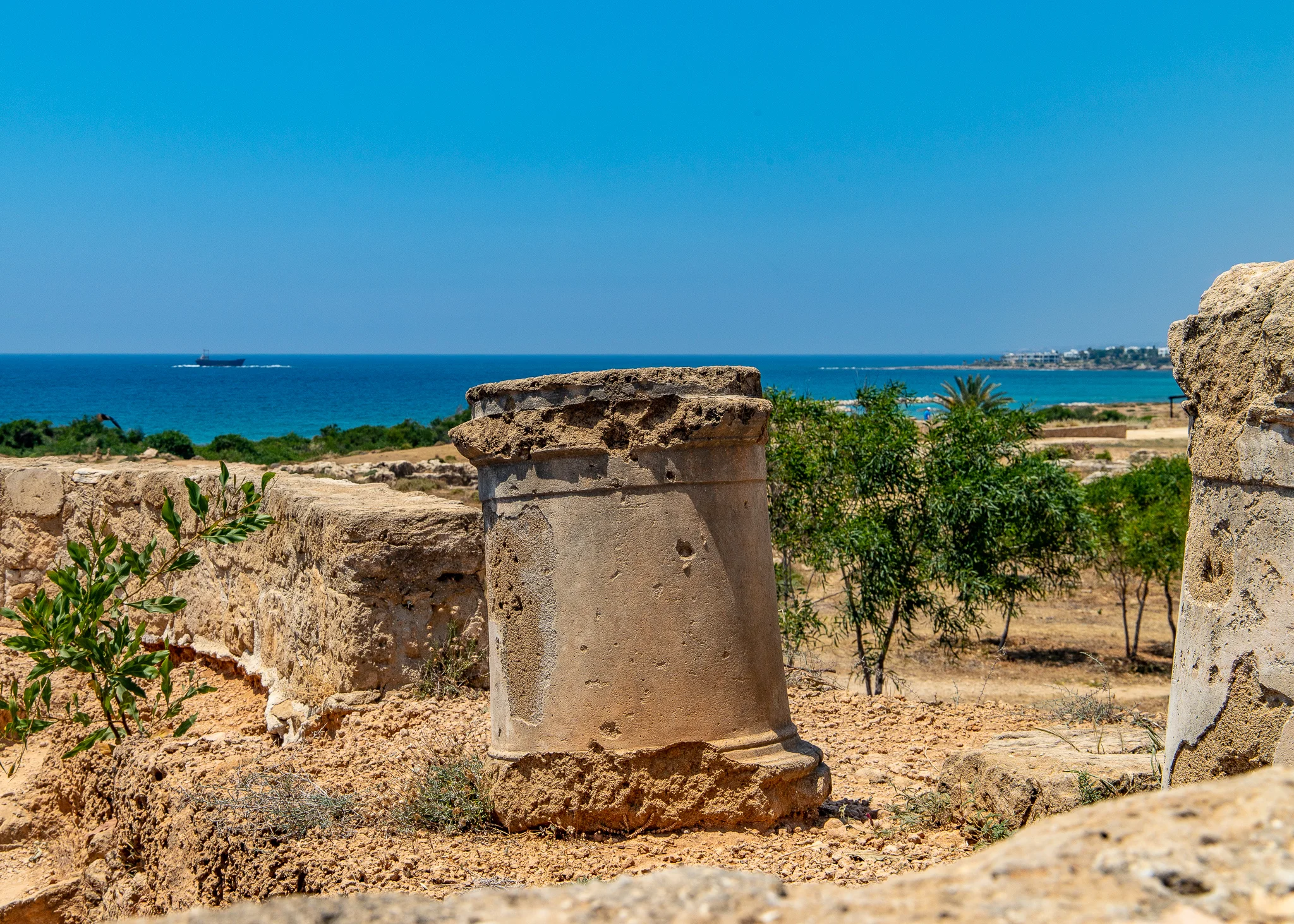 View from Tombs of the Kings out to the Honduran shipwreck MV Demetrios II which ran aground in 1998