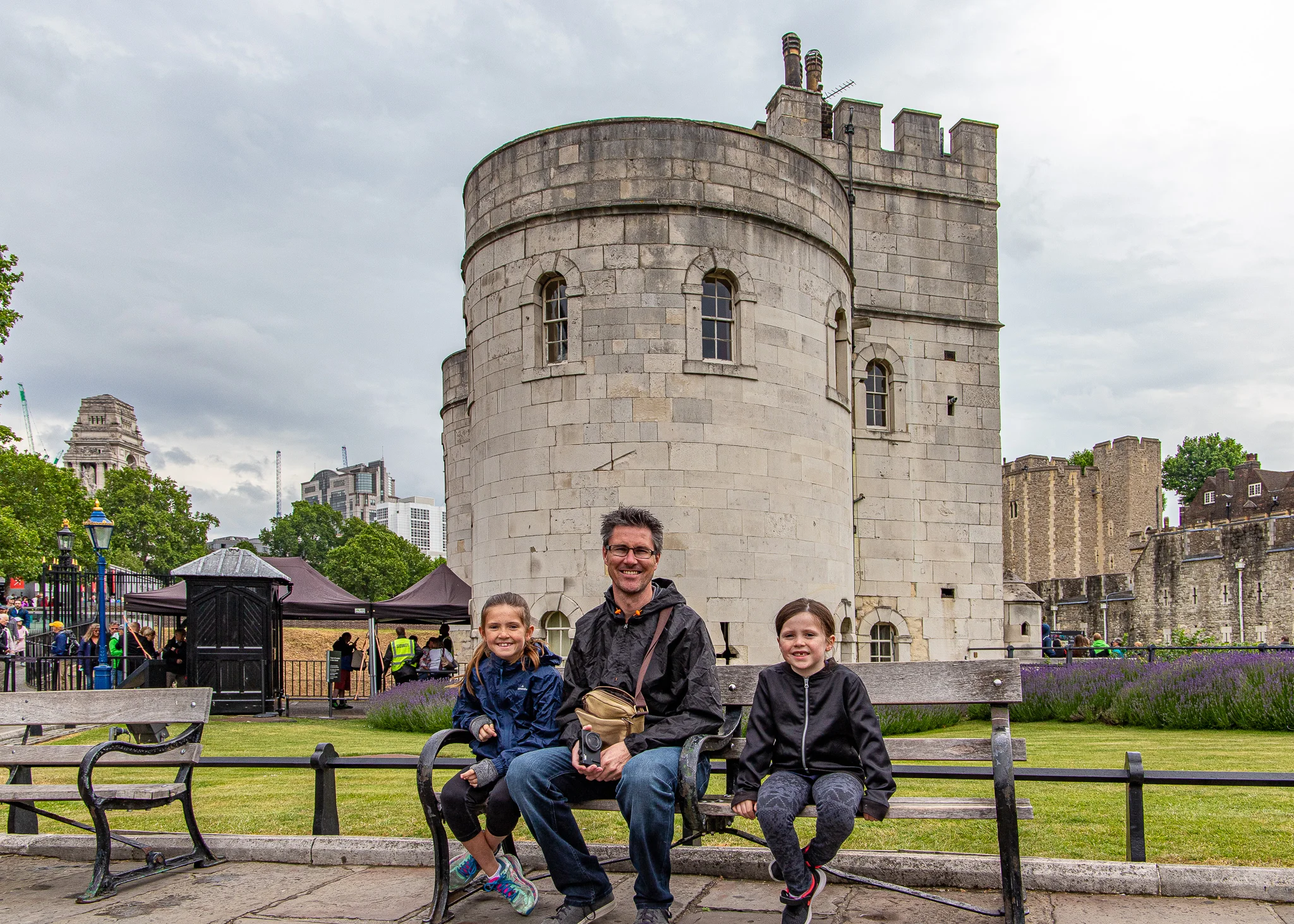 Uncle Mark and the girls outside London Tower