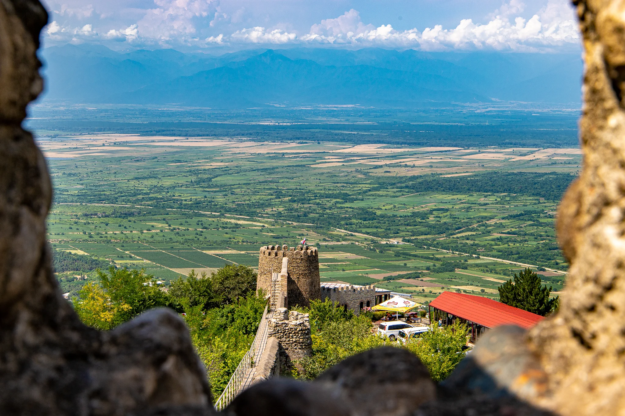 Views down to Alazani Valley and the Caucasus Mountains