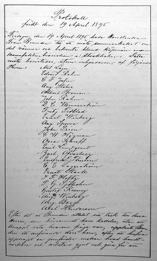 Protokoll från föreningens första möte, 1895.
