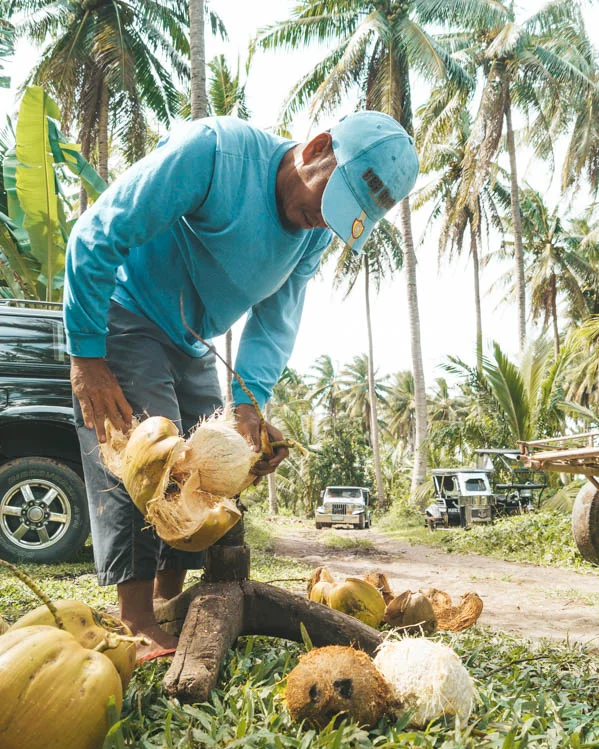 a farmer wearing blue top and cap standing in front of a car using equipment to remove a coconut from its shell