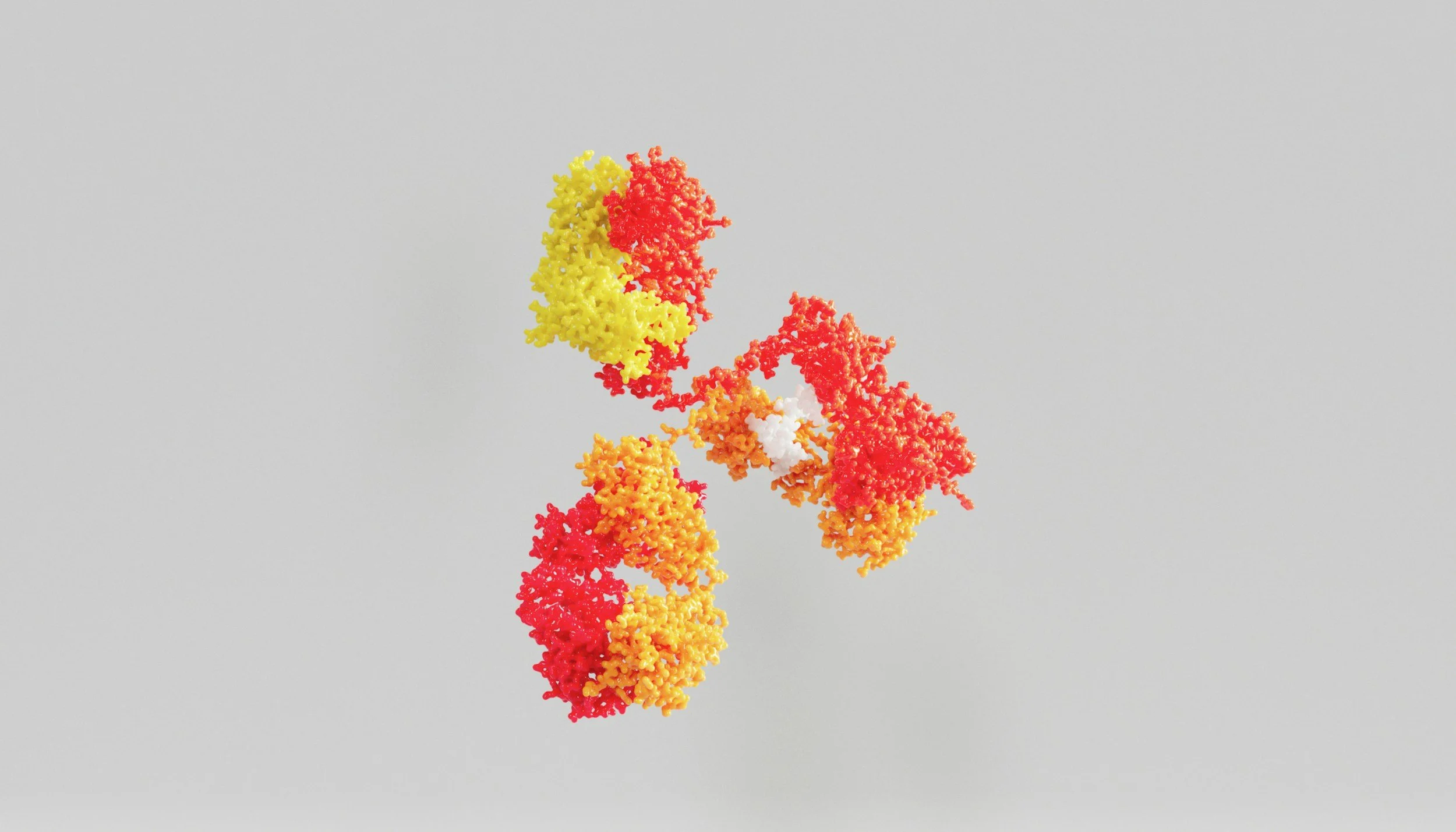 A rendered image of a large protein in orange, yellow, and red representing advanced therapies such as biologics and cell and gene therapies