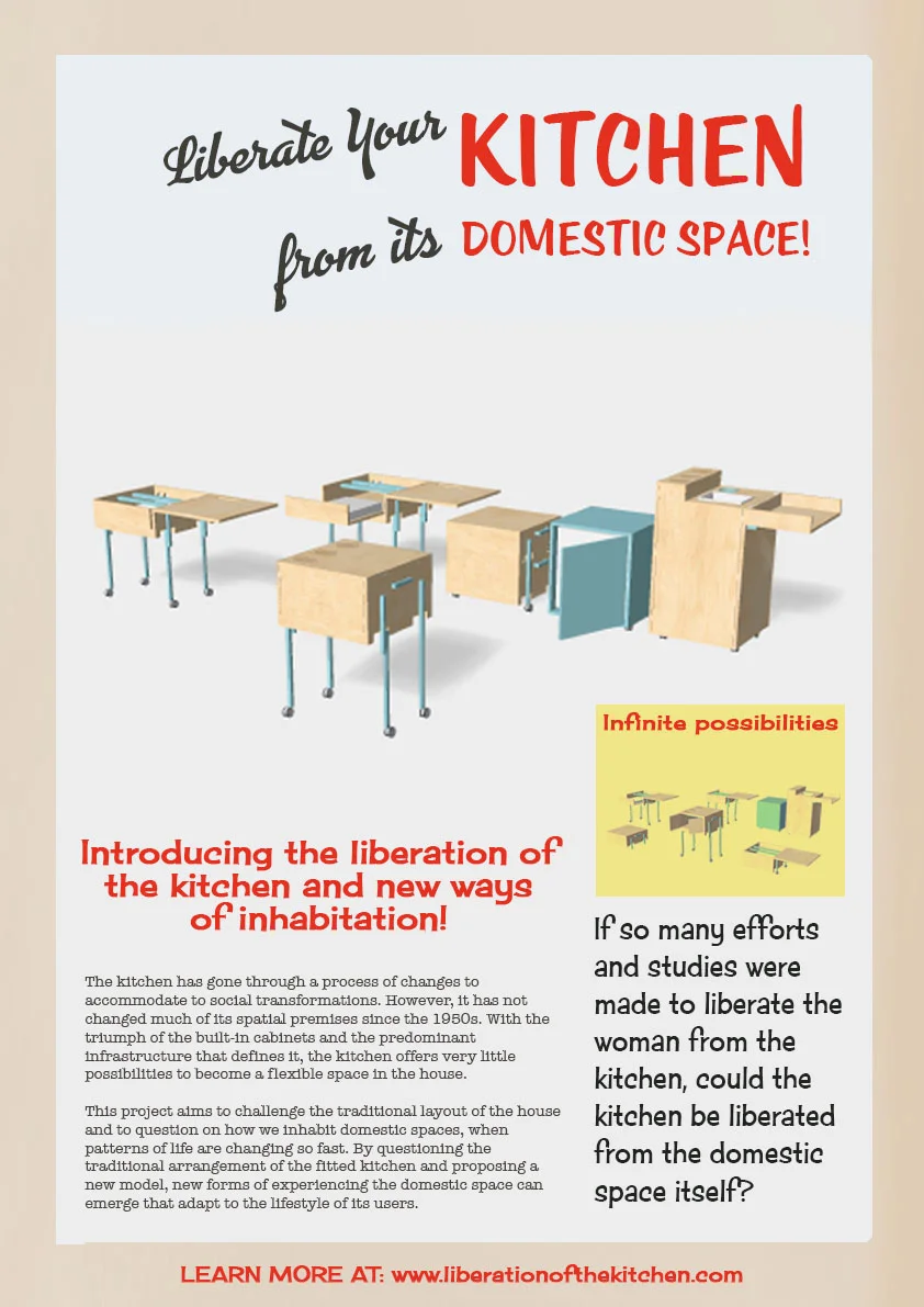 Advertisements play in today’s society a crucial role. As author Anika Hashem (2016) remarks “besides helping businesses sell products, advertisements often reflect the general beliefs of their time period.” In the 60s they intensively publicized the kitchen as a female domain. The Liberation of the Kitchen offers a new perspective by promoting a liberation from the domestic space itself.