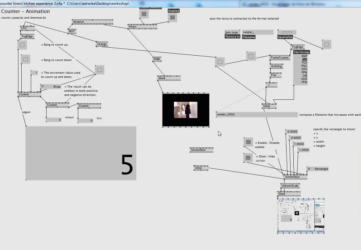 Zoom-in of the code created in order to record the different activities that took place in the kitchen space. The VVVV proved to be an accurate system for monitoring the performance of daily life activities inside the kitchen. The data obtained allowed a deeper analysis of how the space is used in terms of time.