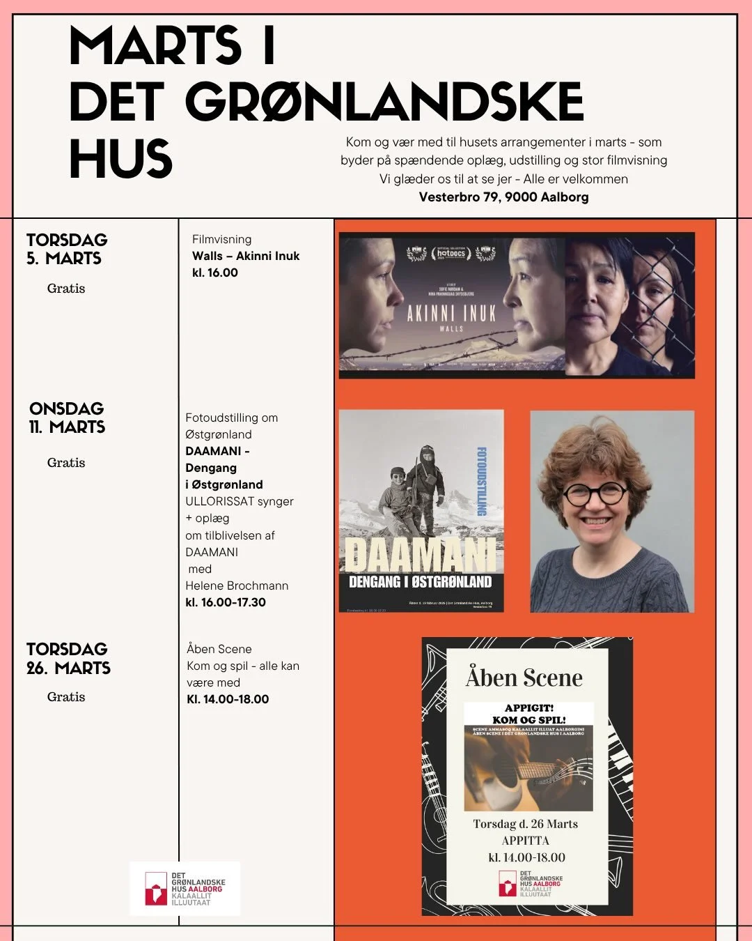 ✨Opdateret version af M&Aring;NEDSPLAKATEN✨
Opdateret program for marts i Det Gr&oslash;nlandske Hus 🌿

Vi har en lille &aelig;ndring i programmet:

👉 Opl&aelig;gget med Lisa Bungaard Jensen og Alma Jensen om &Oslash;stgr&oslash;nland er desv&aelig