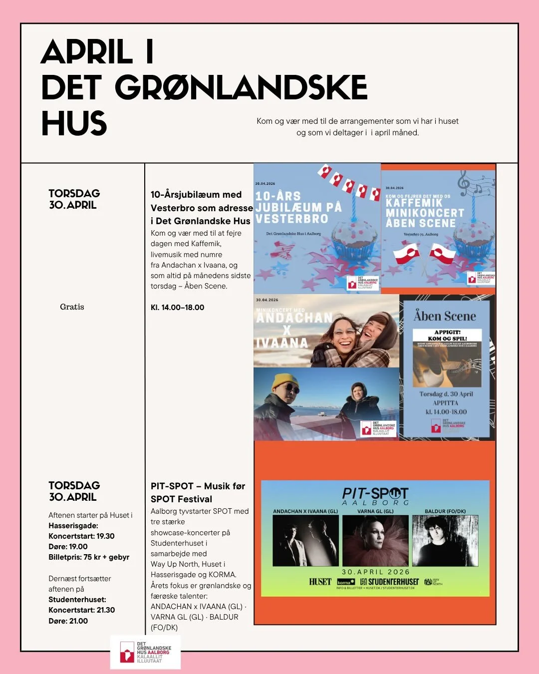 ✨M&Aring;NEDSPLAKAT!✨

April m&aring;ned byder p&aring; masser af sp&aelig;ndende begivenheder, hvor der b&aring;de sker noget i Det Gr&oslash;nlandske Hus og andre steder i Nordjylland🥳🎉🤍

👉 Swipe for at se hele m&aring;nedens program.

//

✨QAA