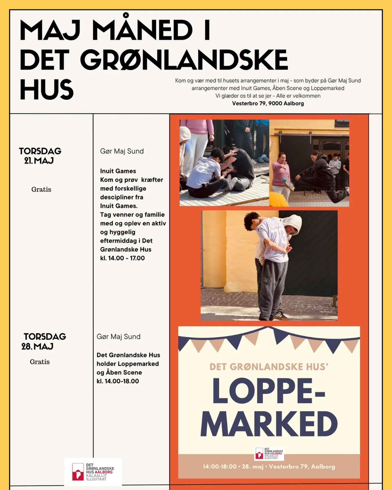 ✨M&Aring;NEDSPLAKAT!✨

Maj m&aring;ned er startet og byder p&aring; hyggelige arrangementer i Det Gr&oslash;nlandske Hus ☀️

//

✨QAAMMAMUT PILERSAARUT!✨

Qaammat maaji aallartippoq, Aalborgimi  Kalaallit Illuutaat nuannersunik pilersaaruteqarpoq ☀️
