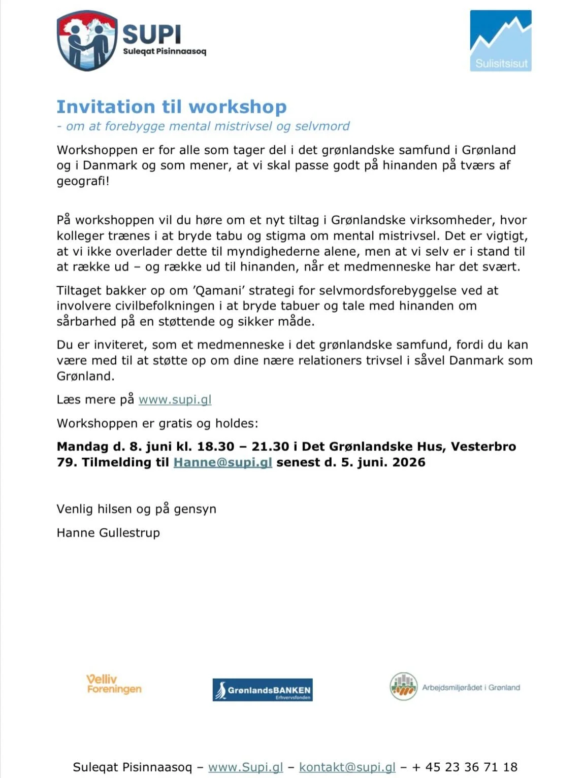 ⭐️Arrangement af SUPI⭐️

WORKSHOP🤍

📅 8. Juni 2026
⏰ 18:30 - 21:30
📍 Det Gr&oslash;nlandske Hus Aalborg, Vesterbro 79

F&aring; mere information p&aring; opslaget👏🏻

//

⭐️SUPI aaqqissugaanik isumasioqatigiinneq⭐️

WORKSHOP🤍

📅 8. Juni 2026
⏰ 