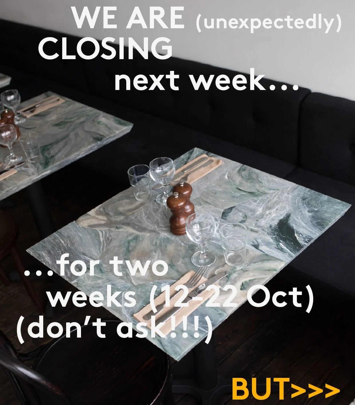 Angela&rsquo;s is closing for two weeks (to fix an unexpected problem) BUT we are bringing back some old classics from DORY&rsquo;S!! From the 12-22nd October we will be serving these in the bar from 12-10pm. Walk-in or email for very limited reserva