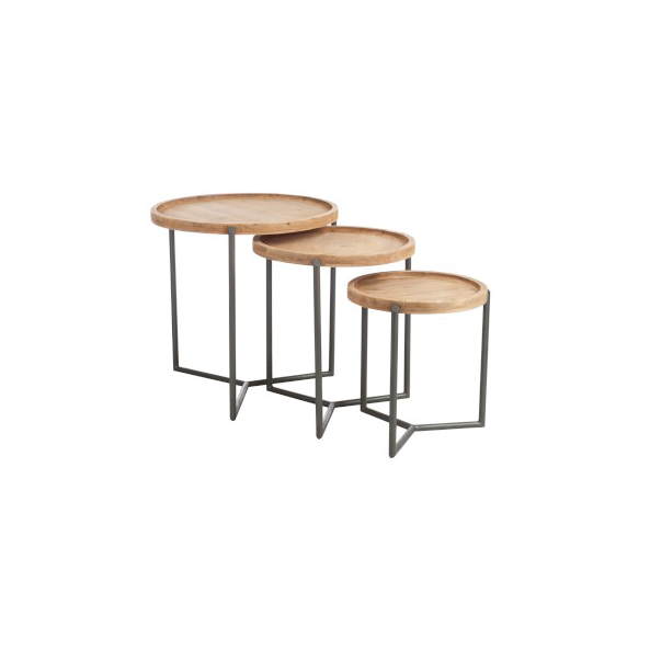 Set of 3 Side Tables, Wood / Metal, Natural