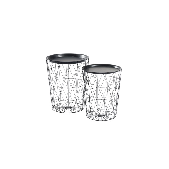 Set of 2 Side Tables, Round Bars, Metal, Black