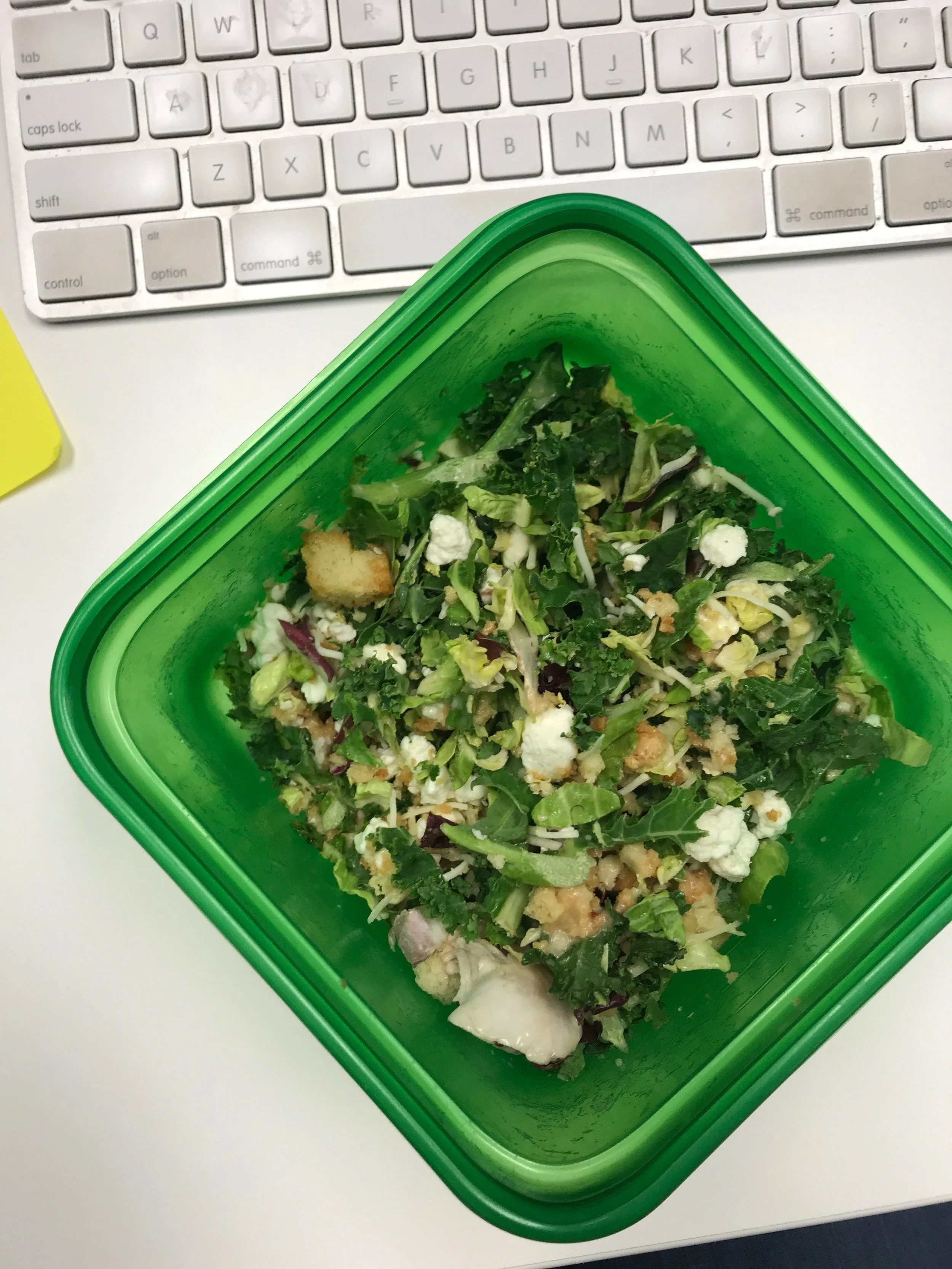 New, baby step goal, is to eat meal a day that is 75% green! I love the kale salad packs at my local Kroger. They make work lunches easy.