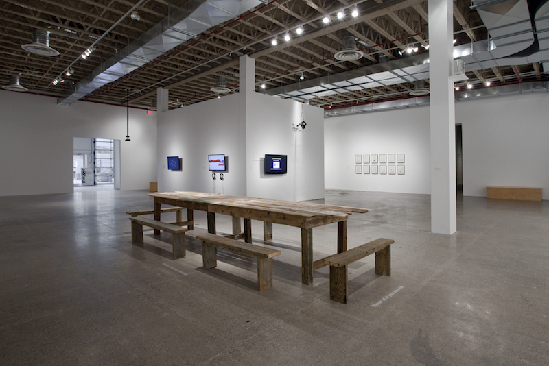 TBD installation view with Maggie Groat's When Fences Become Tables, 2013 in the foreground.
