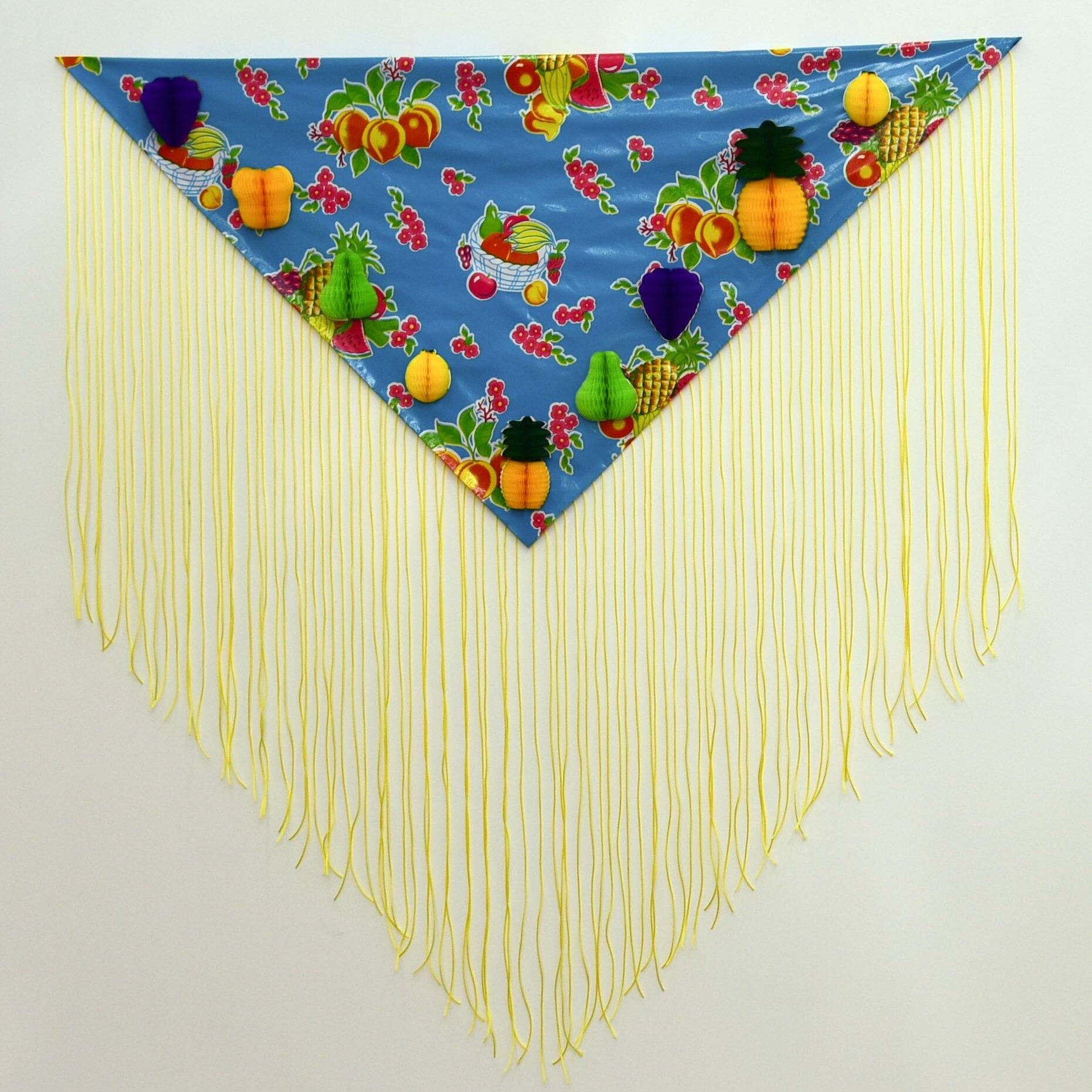 Carolina Magis Weinberg, Mantel de Manila, 2020 Plastic tablecloth made in China, polyester thread made in China, papel de China fruits made in Mexico 