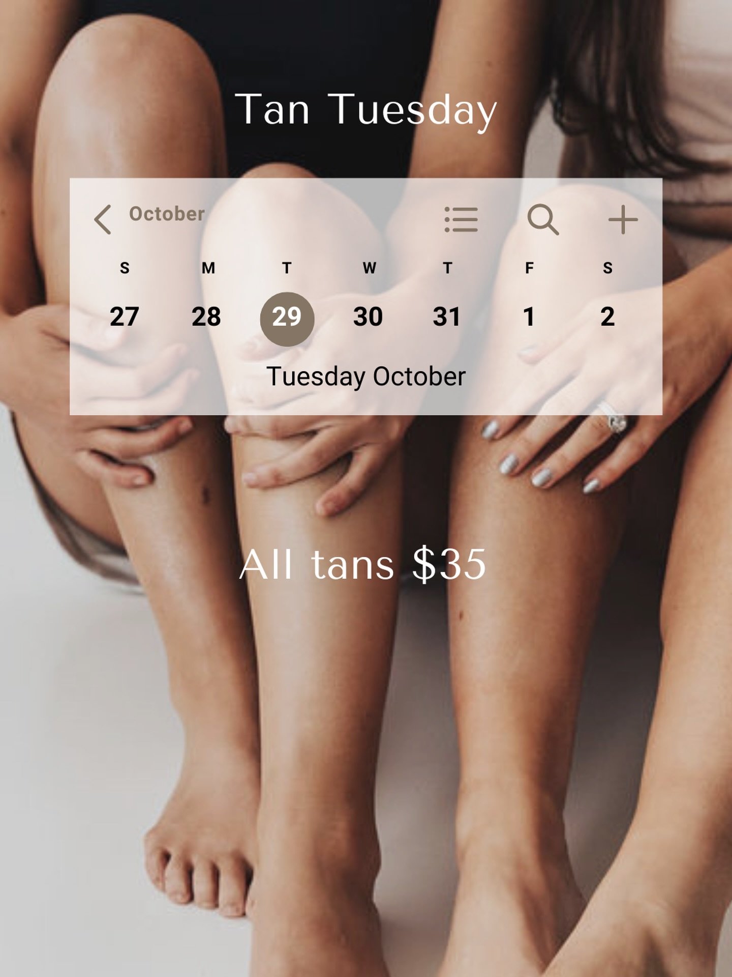 Tan Tuesday - all tans are $35 🤎

Have you been wanting to try a spray tan for a special event, but not break the bank? Come visit us on Tuesdays! All tans every Tuesday are $35!

See you tomorrow (link in bio to book 💋)
